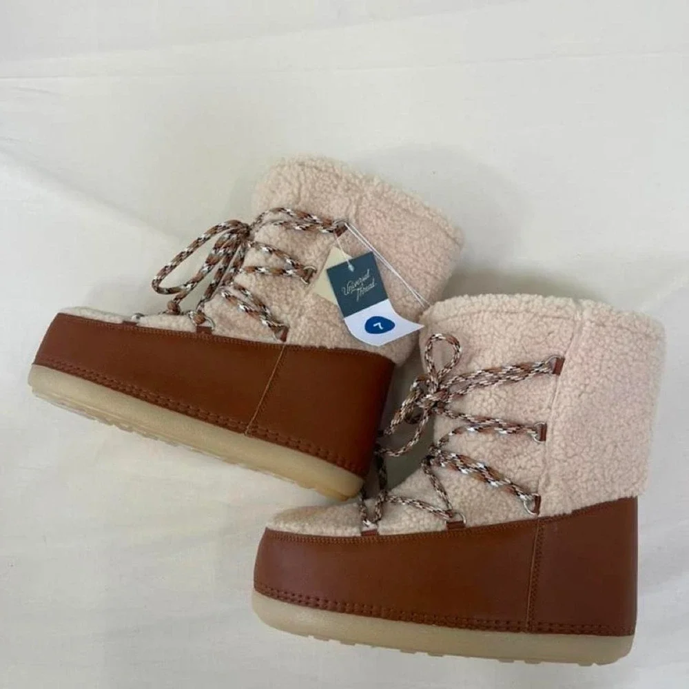 Cream & brown‎ platform boots with brown & beige striped laces